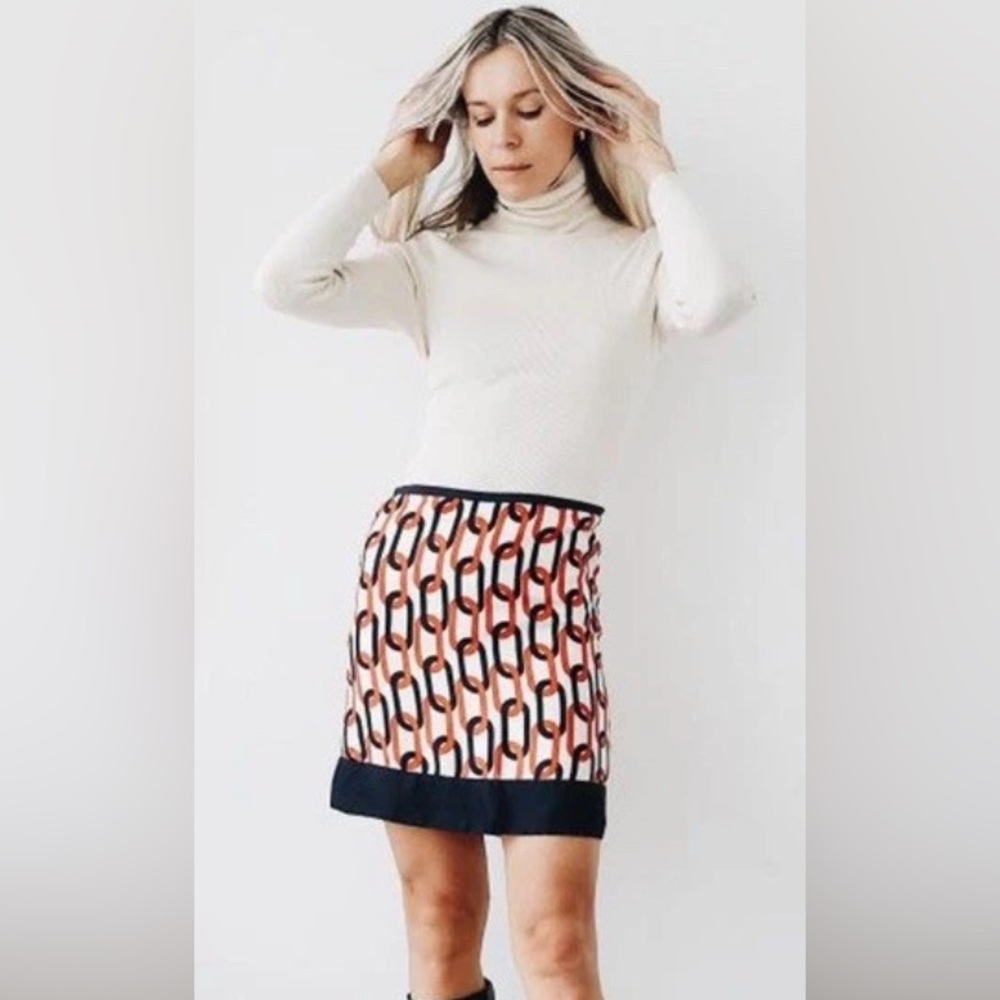 Banana Rebublic 100% Silk Size 8 Chain Link Orange Blue Women Skirt Side Zipper